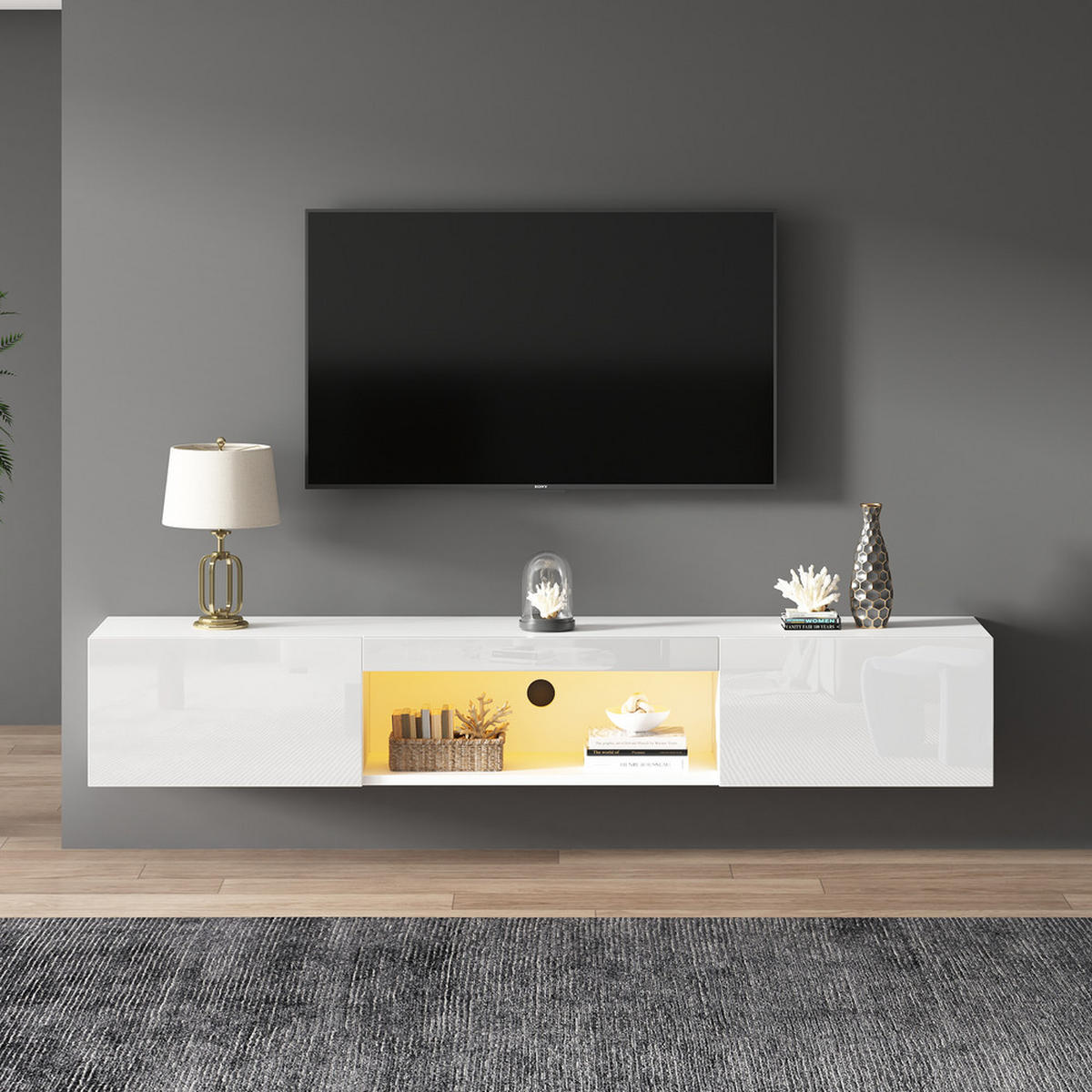 TV-SCHRANK 160x31cm wandmontierbar Hochglanzweiß LED bis 70 Zoll 30KG - Weiß, Holz (39.5/13/170.5cm) - FLIEKS
