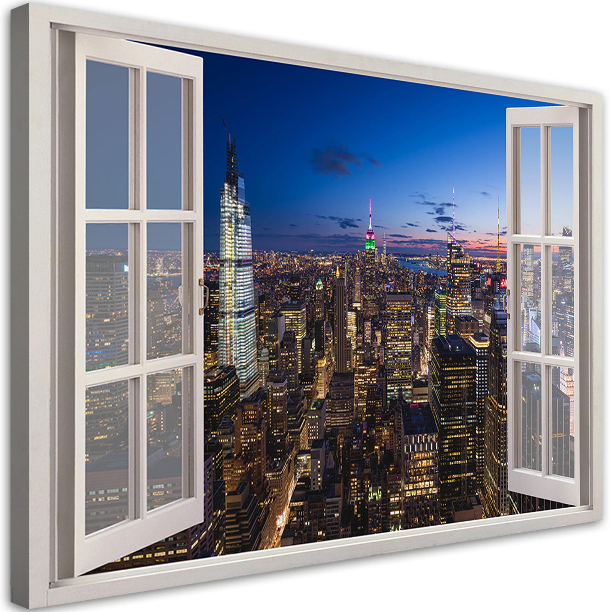 WANDBILD fensterblick stadt nacht wolkenkratzer - Blau, Textil (60/40cm) - Feeby