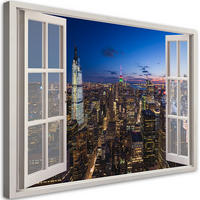 WANDBILD fensterblick stadt nacht wolkenkratzer - Blau, Textil (60/40cm) - Feeby