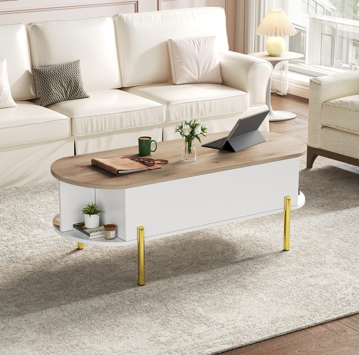 COUCHTISCH aus MDF 120x50x43 cm in Weiß mit höhenverstellbarer Platte - Weiß, Holzwerkstoff (120/50/43cm) - Modfu