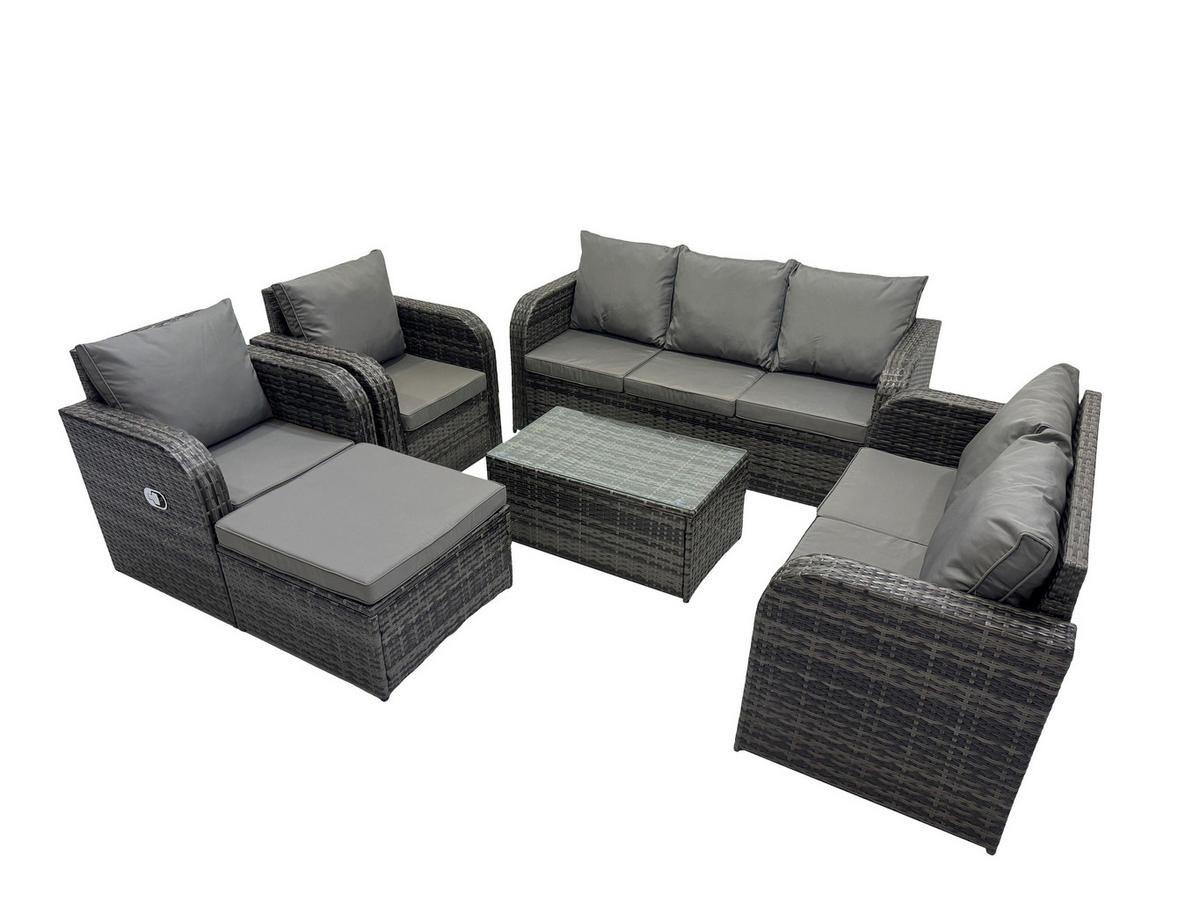 GARTENMÖBELSET mit Couchtisch Polyrattan 8-Sitzer - Dunkelgrau/Grau, Glas/Kunststoff - Fimous