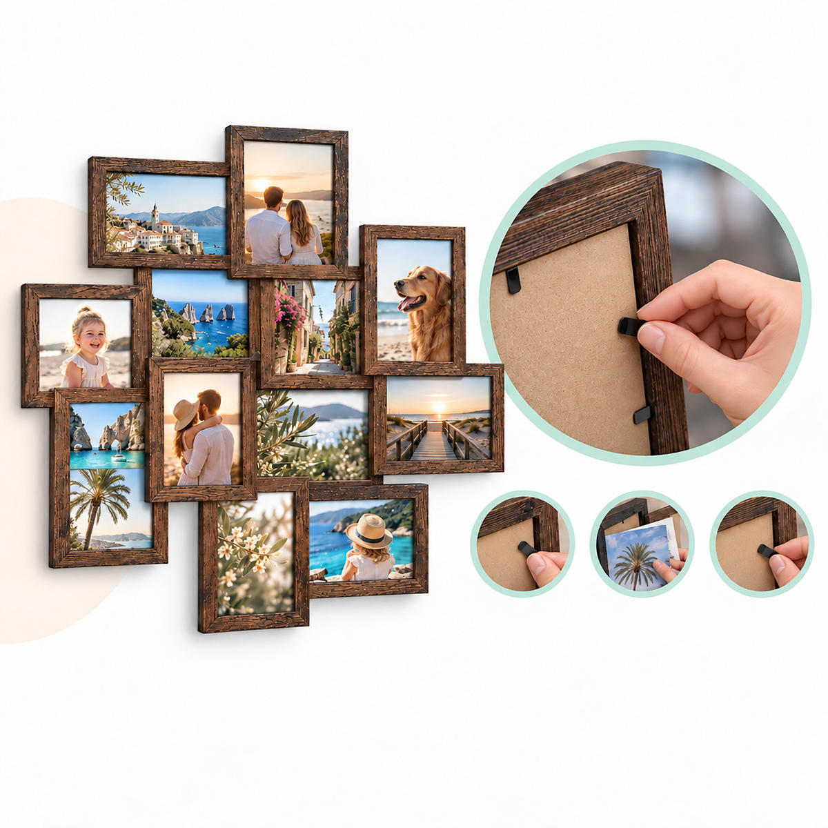 FOTORÁMIK vintage hnedá koláž na 12 fotografií 10x15 cm - hnedá, kompozitné drevo/plast (62/64.5/3.5cm) - Relaxdays