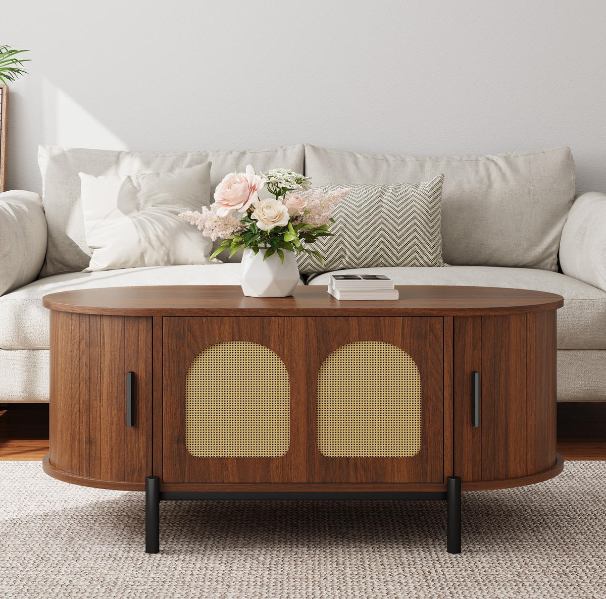 COUCHTISCH oval mit Stauraum 100 x 50 cm Holzoptik Rattan - Braun, Holz (100/50/40cm) - Meubliv