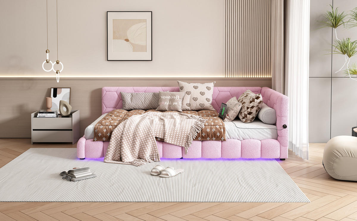 TAGESBETT 90/200 cm mit Lattenrost, LED-Beleuchtung, USB-Anschluss und Vliesbezug, Rosa - Pink, Textil