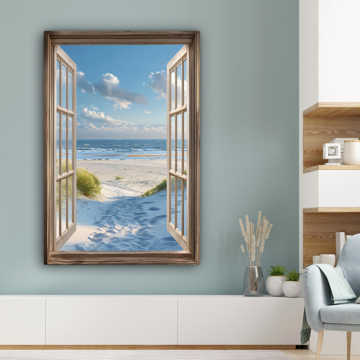 LEINWANDBILD Aussicht - Strand - Fenster - Dünen - Meer 80x120 cm - Hellblau, Textil (80/120cm) - MuchoWow
