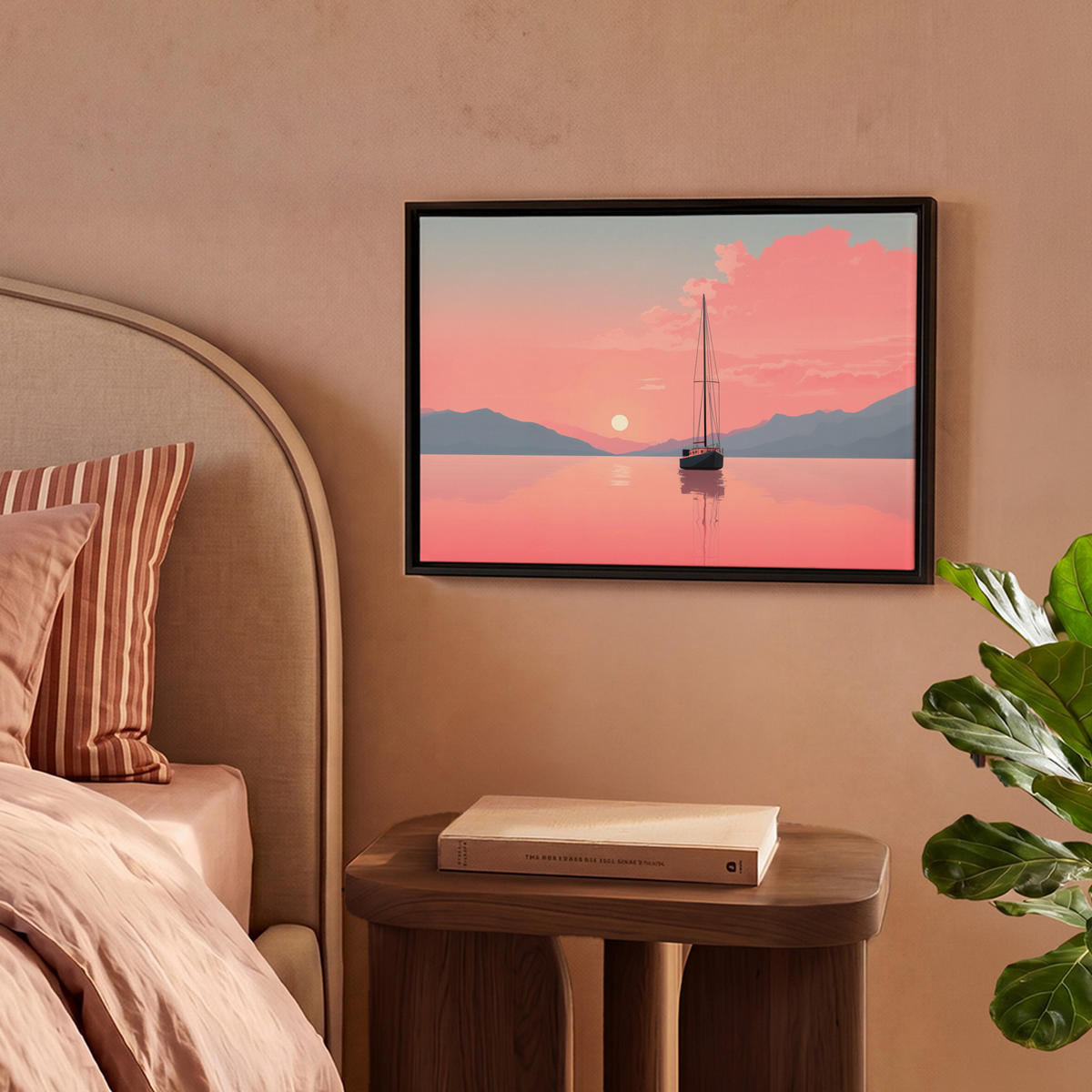 LEINWAND Bilder mit Rahmen - Segelboot - Rosa Meer - Sonnenuntergang - Berge - 40x30 - Rosa, Textil (40/30cm) - MuchoWow