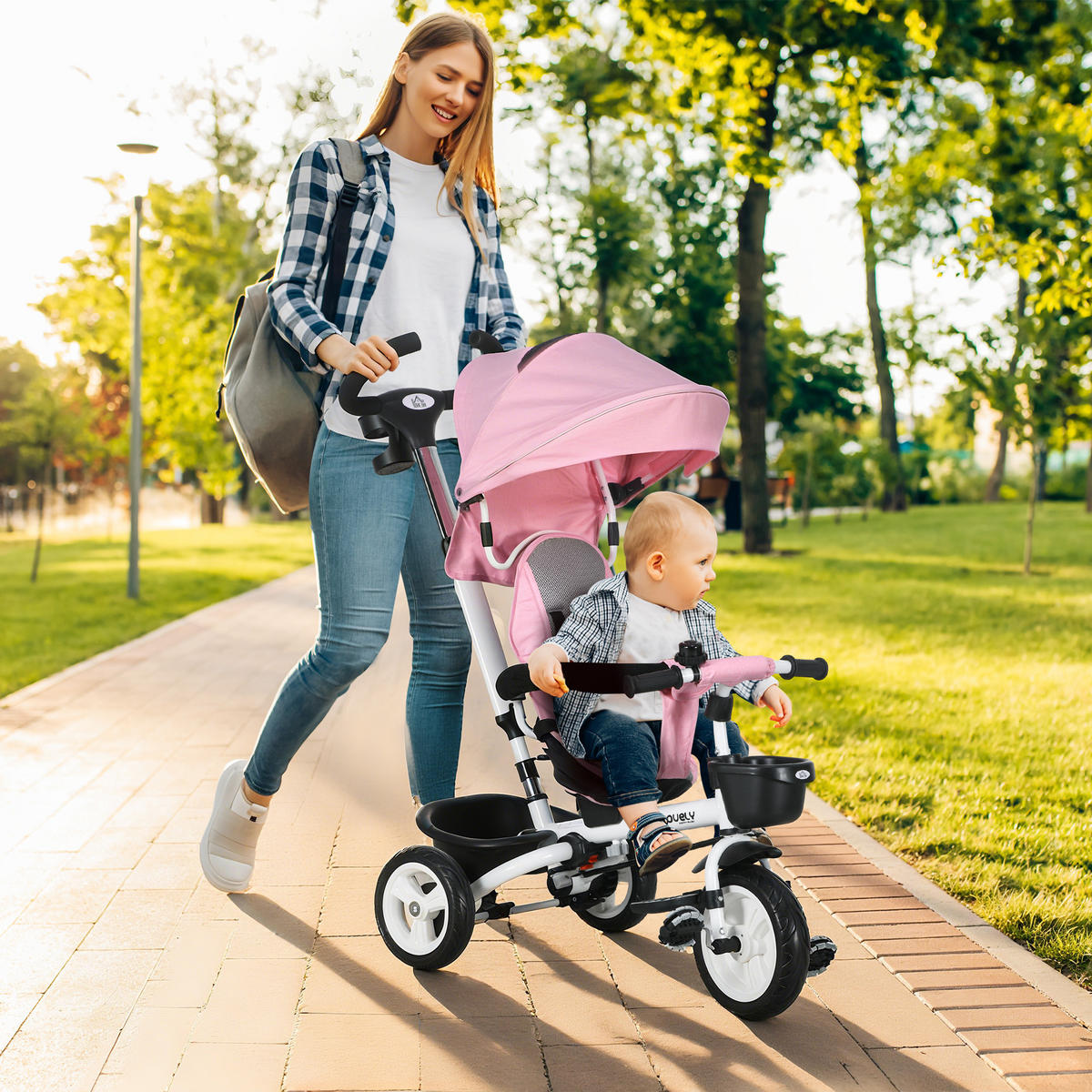 6 in 1 Dreirad mit Schubstange, Kinderdreirad mit Sicherheitsgurt, Sonnendach - Rosa, Metall (112/50/104cm) - HOMCOM