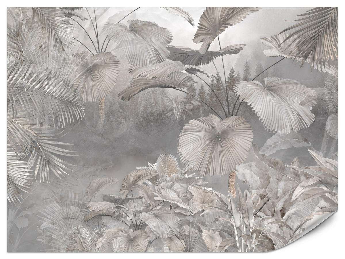 FOTOTAPETE für Wohnzimmer Tropische Blätter Dschungel Palmen Grau 300x210 - Beige/Grau, Papier (300/210cm) - Muralo