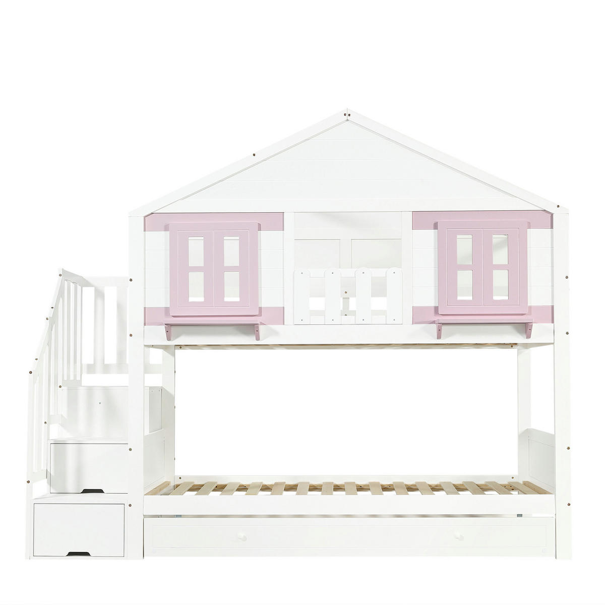 ETAGENBETT 90x200 cm in Weiß und Rosa mit Rollbett, Stauraumtreppe und Kleiderstange - Weiß, Holz (90/200cm) - IVMEU