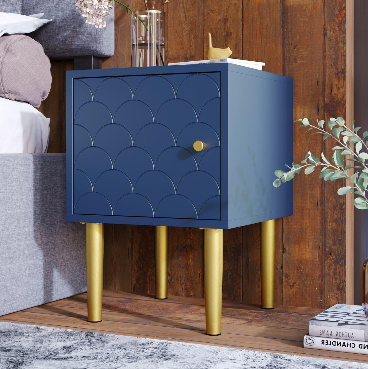 NACHTTISCH 35/35/51 cm in Marineblau mit Tür & Metallbeinen - Dunkelblau, Holz (35/51/35cm) - BEAOK
