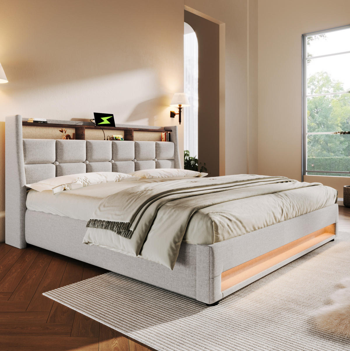 POLSTERBETT aus Leinen 180x200 cm in Beige mit LED-Beleuchtung & USB - Beige, Textil (180/200cm) - Modfu