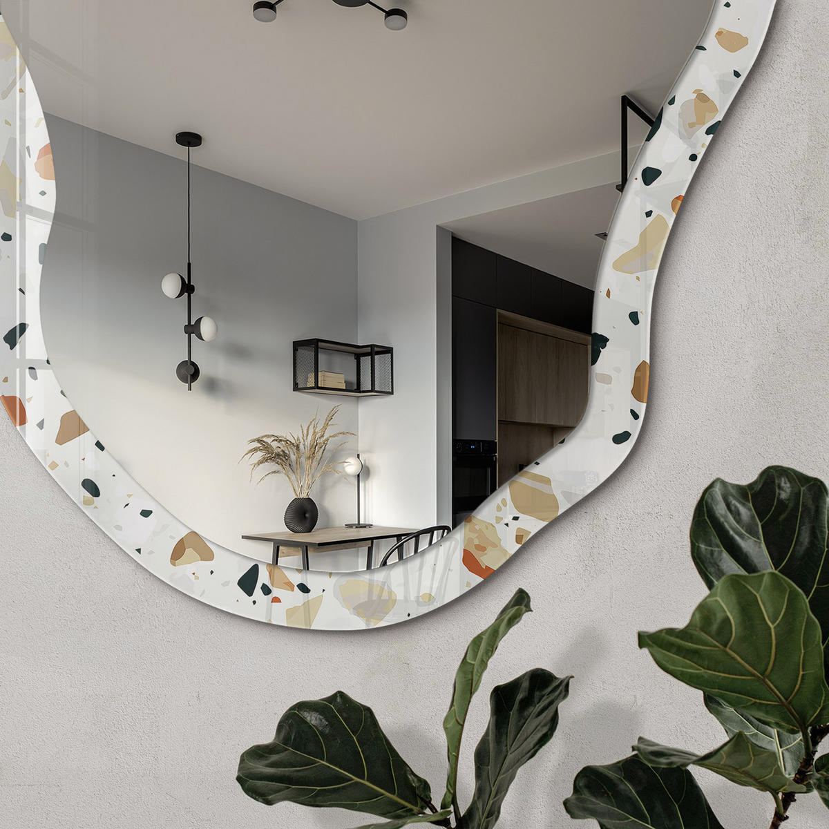 SPIEGEL 90x45 cm asymmetrisch mit Druck - Terrazzo-Muster - Transparent, Glas (45/90/0.4cm) - TULUP