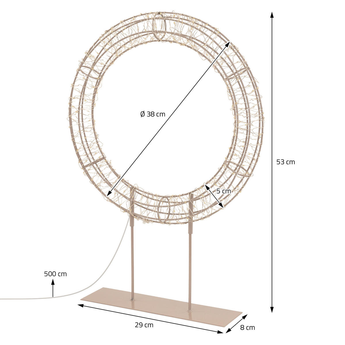 LED VÁNOČNÍ VĚNEC 53 cm s podstavcem, vánoční dekorace s řetězem světel 300 LED, teplá bílá - béžová, kov (38/53/8cm) - ECD-Germany