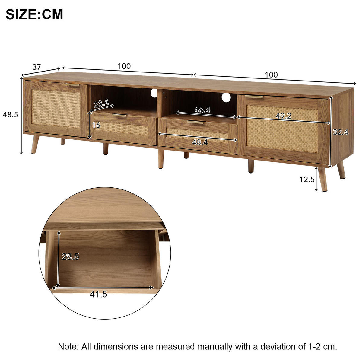TV-SCHRANK in Eiche mit Rattan-Details, 2 Türen und 2 Schubladen 200/37/49 cm - Eichefarben, Holzwerkstoff (200/49/37cm) - Redom