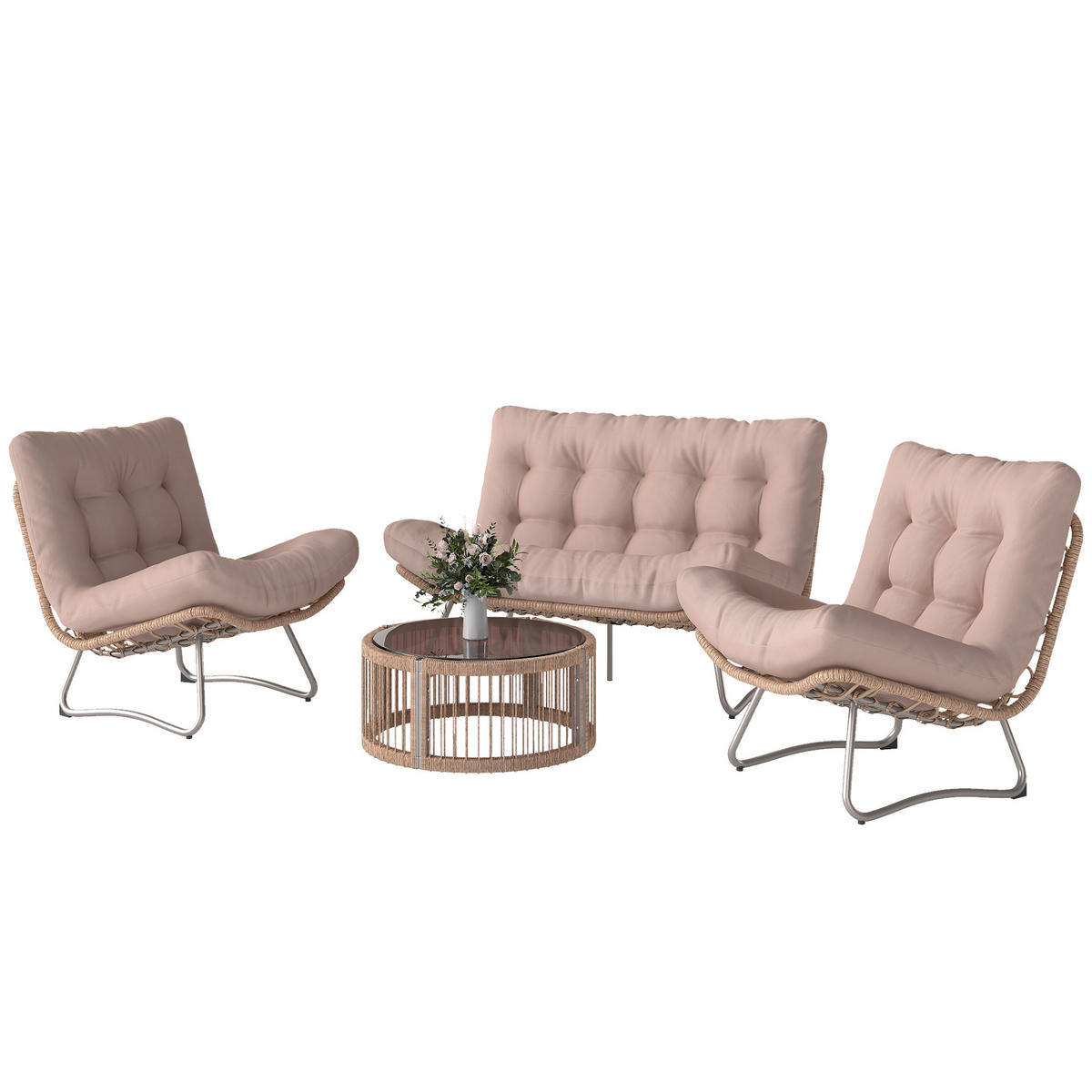 GARTENMÖBEL-SET 4-teilig DE-06774 mit Zweisitzer & Glastisch - Braun, Kunststoff/Metall - ComfortXL