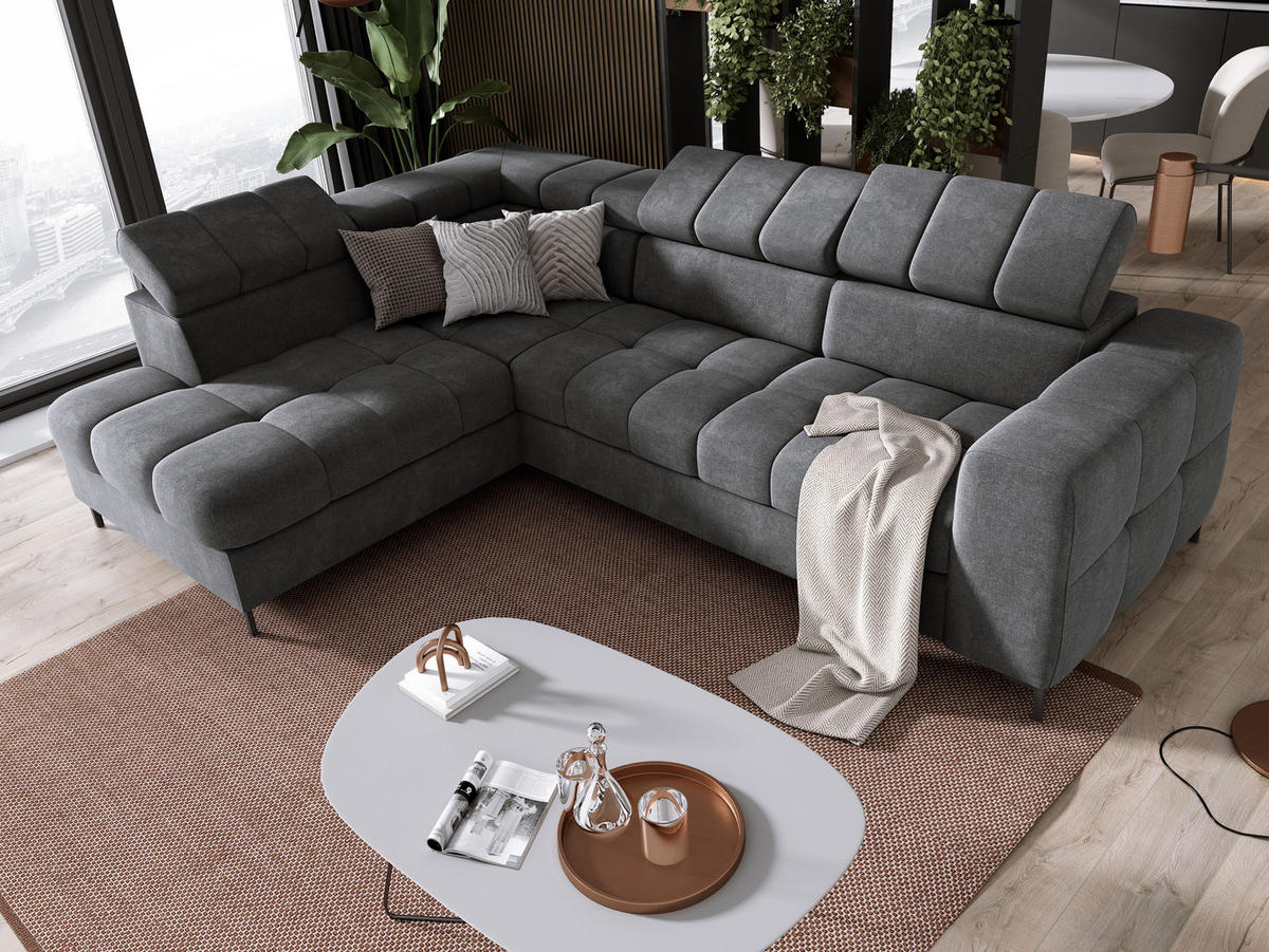 ECKSOFA PABLOS 279x201cm, Schlaffunktion, Stauraum, dunkelgrau, links - Grau, Holz/Textil (201/279cm) - DomoHome