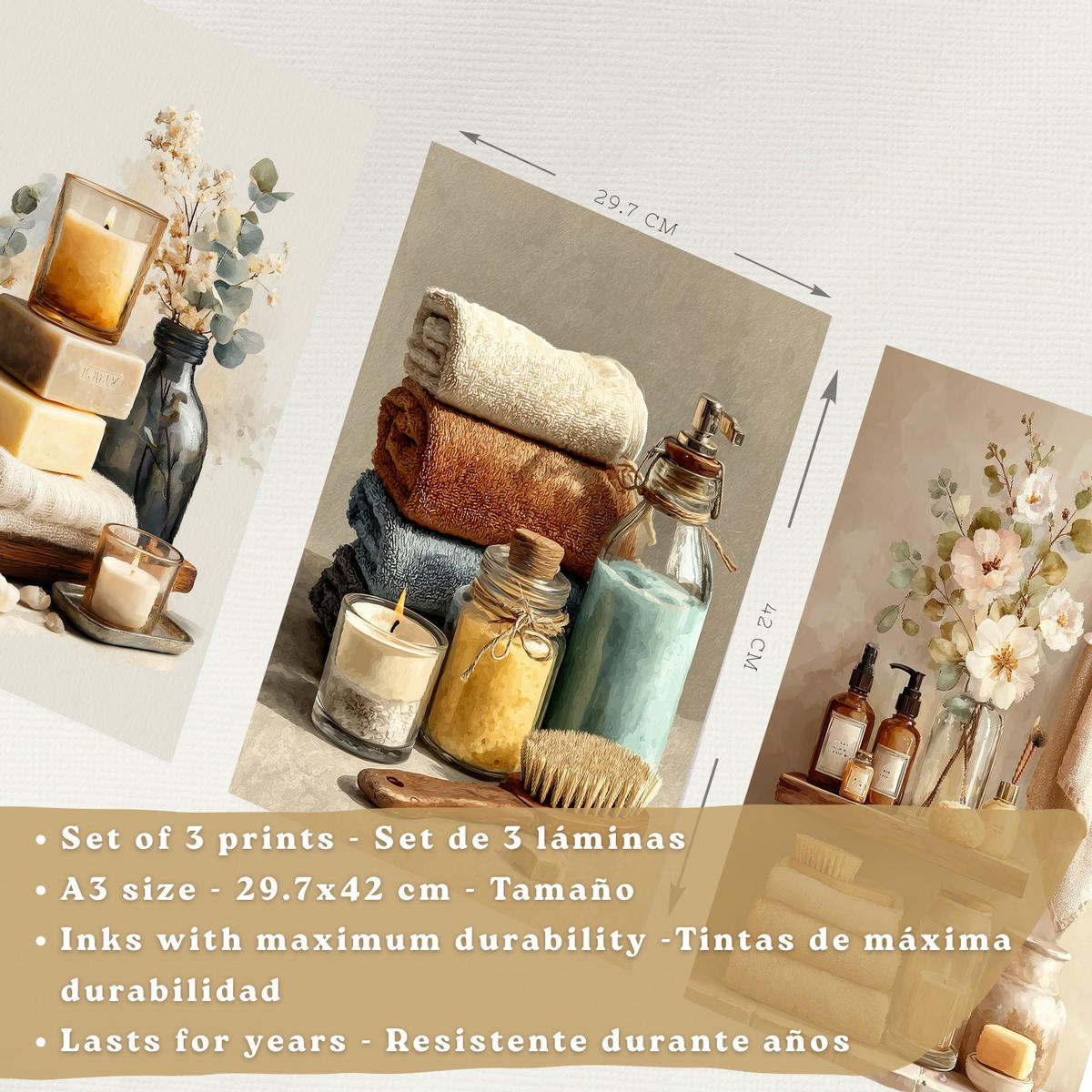 POSTER 3er-Set dekorative Badezimmerdrucke, gemütlicher Spa-Stil, Bilder mit Kerzen, Blumen und Handtüchern, entspannende, Schwarzer Rahmen A3 - Schwarz, Papier (42/29.7/3cm) - Nacnic