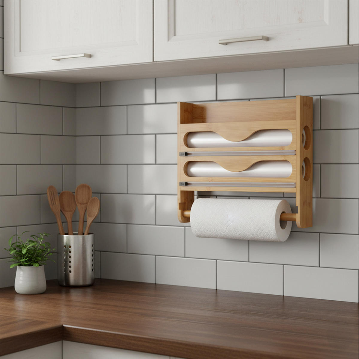 WANDROLLENHALTER - Hellbraun, Holz/Kunststoff (35/27/7cm) - Relaxdays