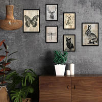 POSTER Set Mit 6 Vintage Tiere Schmetterling Hirsch Katze Fisch Kaninchenlibelle A3 & A4 Schwarzer Rahmen - Schwarz, Papier (29/3cm) - Nacnic