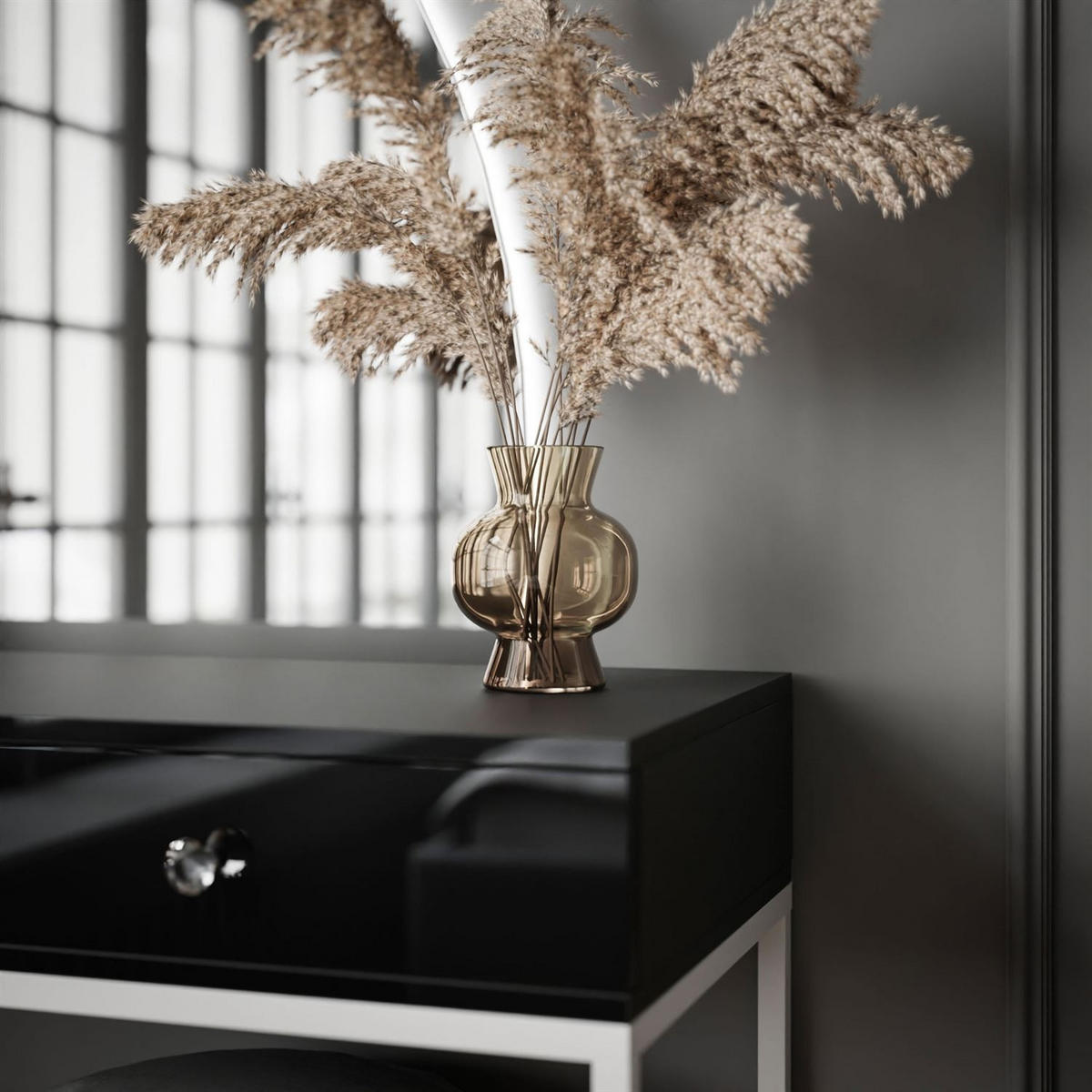 SCHMINKTISCH weiß/schwarz Hochglanz QUINNIE mit LED-Spiegel rechts Griff Kristall - Schwarz Hochglanz/Weiß, Holzwerkstoff (100/176/42cm) - Lookway