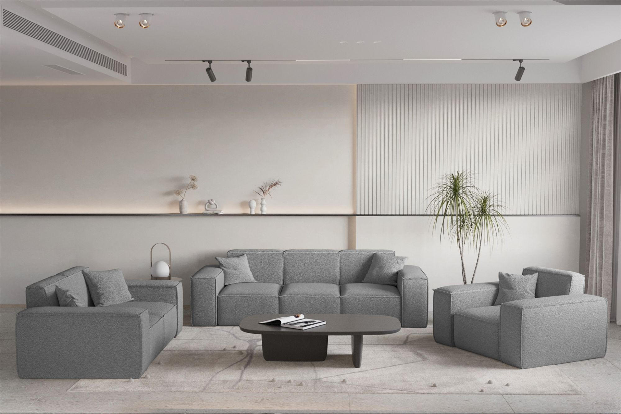 SOFASET Celes Premium 3-2-1 In Ascot - Grau, Holzwerkstoff/Textil (225/73/88cm) - Fun Möbel