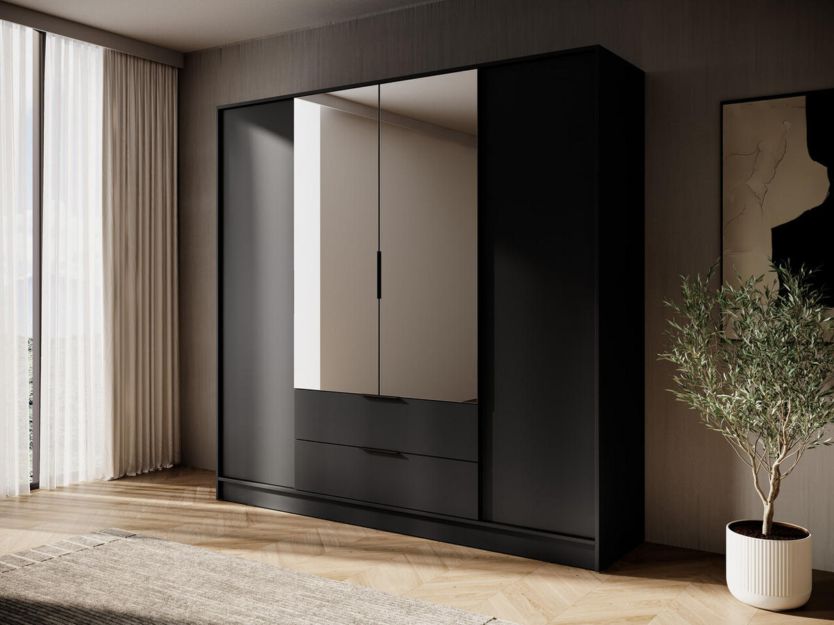 KLEIDERSCHRANK mit Spiegel 206 cm Kalma, 4 Türen, 2 Schubladen, Schwarz - Schwarz, Holz (206/200/51cm) - Emporius