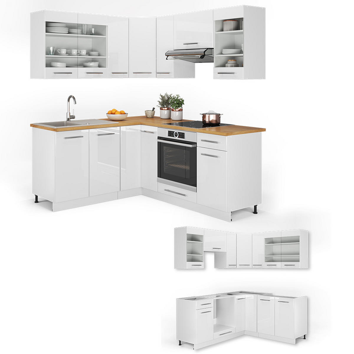 ECKKÜCHE Fame-Line Weiß/Weiß Hochglanz 190 x 160 cm ohne Arbeitsplatte - Weiß, Holzwerkstoff (190/81.6/46cm) - Vicco