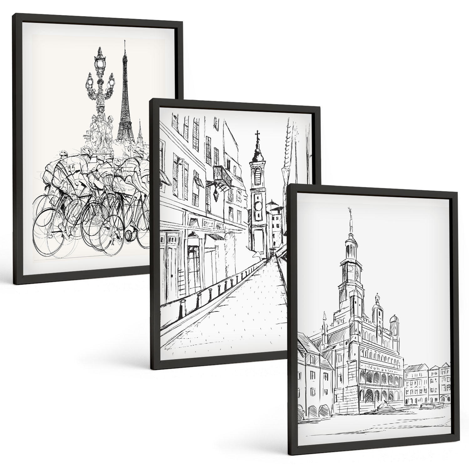 BILDER SET 3er Set - 40x60 cm Schwarzer Rahmen - Einfache Zeichnungen von Stadtlandschaften - Schwarz, Kunststoff (40/60cm) - TULUP