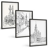 BILDER SET 3er Set - 40x60 cm Schwarzer Rahmen - Einfache Zeichnungen von Stadtlandschaften - Schwarz, Kunststoff (40/60cm) - TULUP