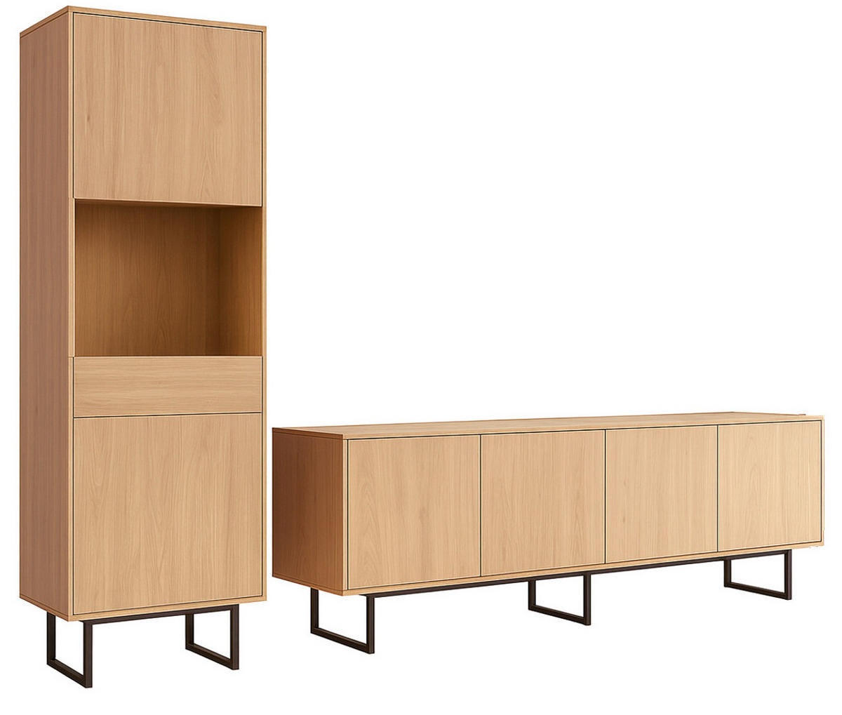 WOHNWAND in Eiche Dekor, Wohnzimmer Set mit TV Lowboard 200 cm und Vitrinenschrank, Push-Open-Funktion - Eichefarben/Schwarz, Holzwerkstoff/Metall (270/200/40cm) - Furn.Design