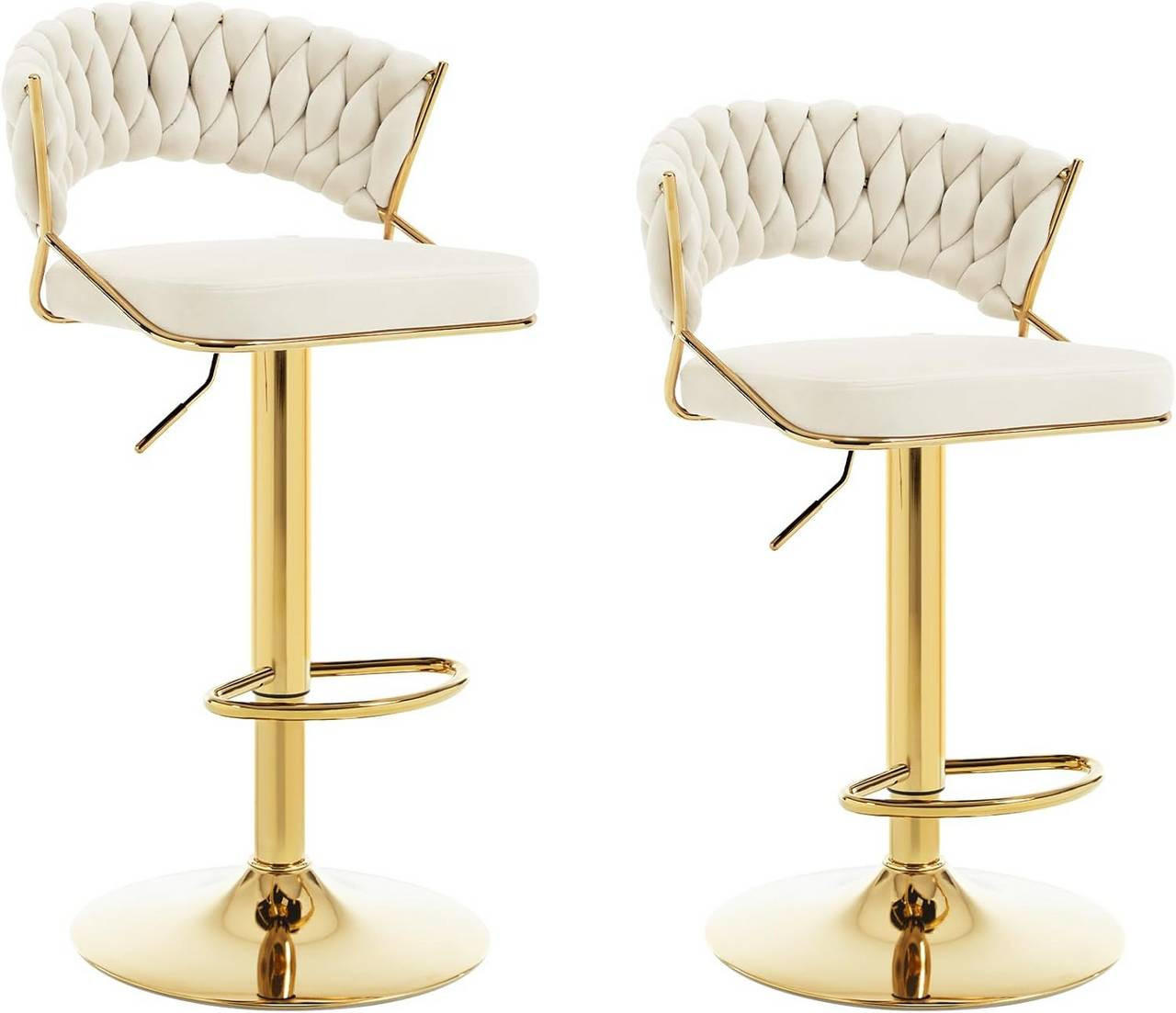 BARHOCKER 2er Set, mit geflochtener Rückenlehne, Samt, Creme - Goldfarben/Creme, Textil/Metall (48/83/46.5cm) - Woltu