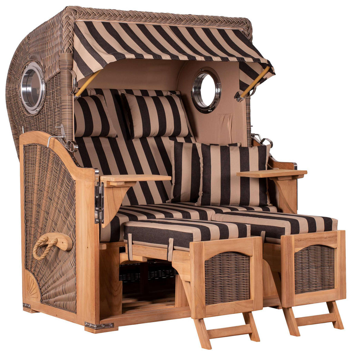 STRANDKORB Düne 2 Sitzer Teak PE Grey - Blau/Braun, Holz/Metall (125/170/80cm) - Mr. Deko