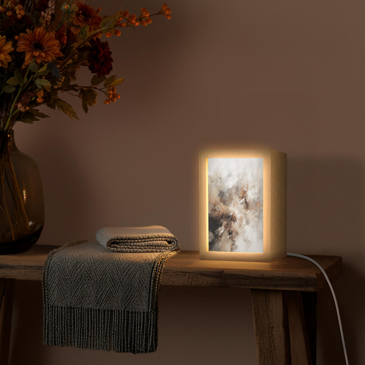 STOLNÍ LAMPA Barva - abstraktní - béžová - umění 15x20 cm - jabloňová, kompozitní dřevo (8/15/20cm) - OnlyWow