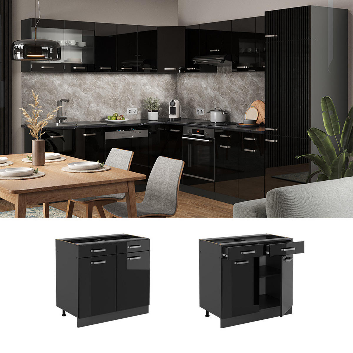 KÜCHENUNTERSCHRANK R-Line Schwarz Hochglanz 80 cm, AP Eiche - Schwarz Hochglanz/Anthrazit, Holzwerkstoff (80/81.6/60cm) - Vicco