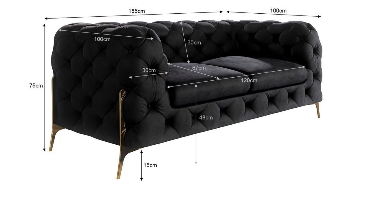 CHESTERFIELD-SOFA 2-Sitzer Lexi Schwarz Samt - Goldfarben/Schwarz, Holz/Textil (185/75/100cm) - S-Style Möbel