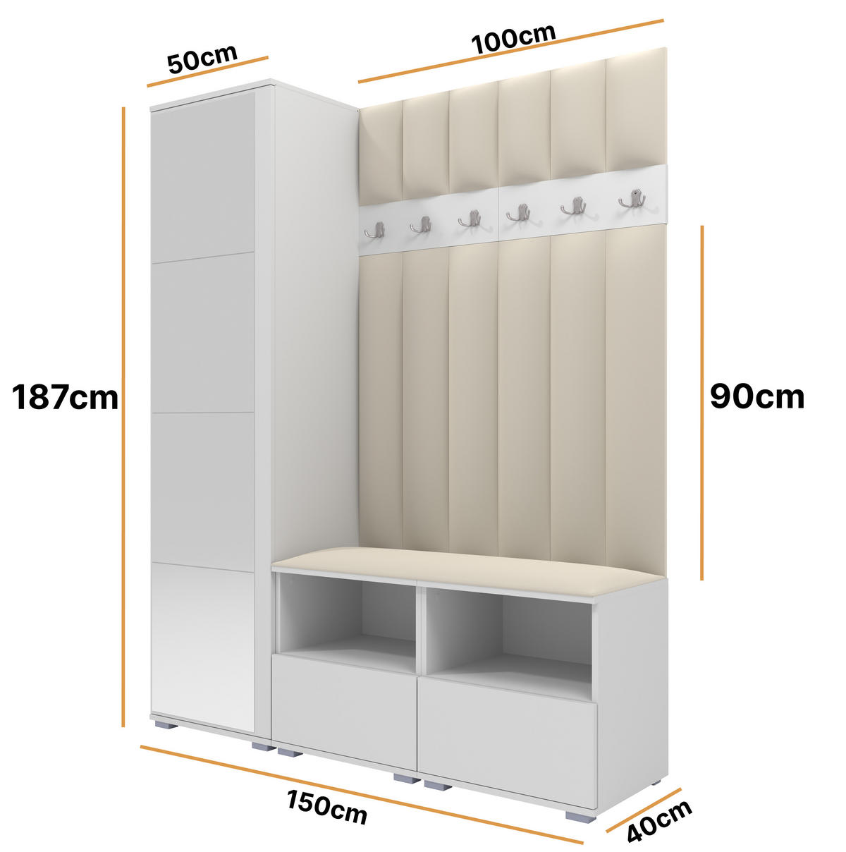 GEPOLSTERT Garderoben-Set Nela II LUX (Spiegel – Farbe Weiß + Stoff Trinity 01) - Silberfarben/Creme, Holz/Holzwerkstoff (150/187/40cm) - Ravio