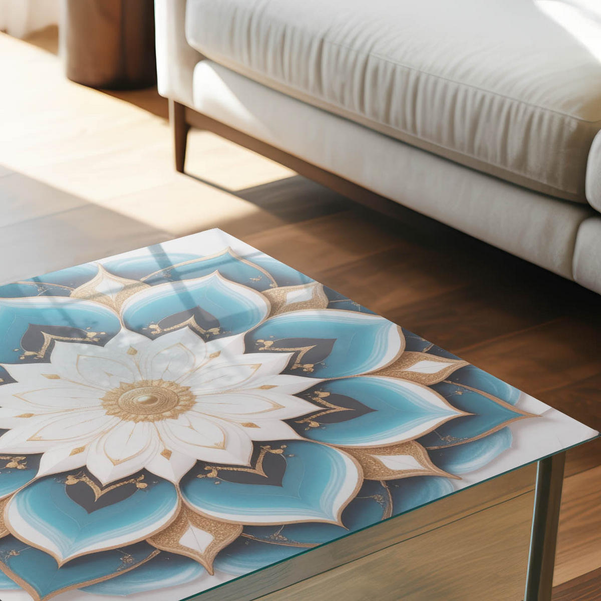 TISCHPLATTE 50x50 cm – Blumenmandala - Türkis, Glas (50/50/0.4cm) - Wallfluent