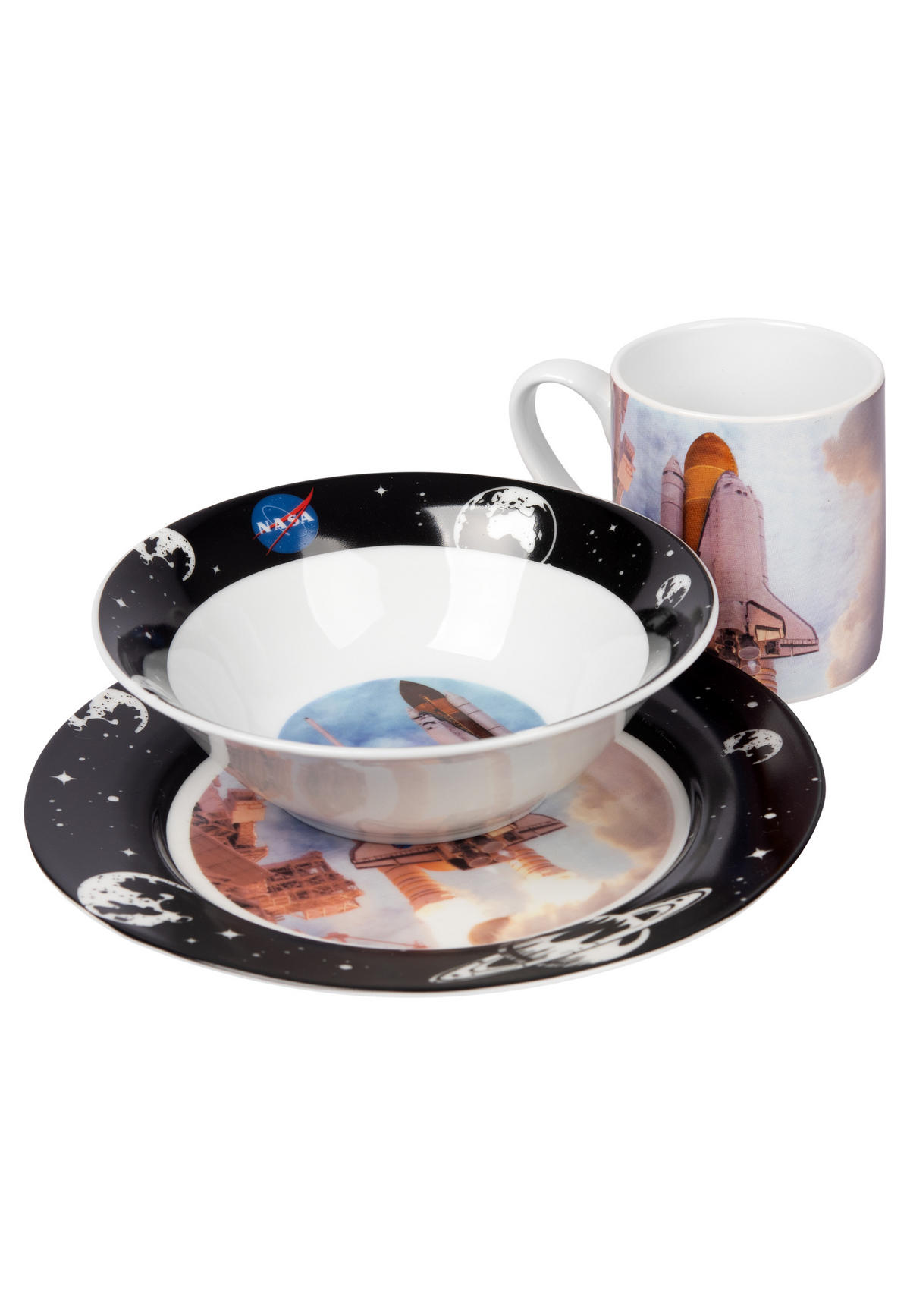 FRÜHSTÜCKSSET NASA Rocket Blau 3-teilig - Multicolor, Keramik (23.8/11.2/23.3cm) - United Labels
