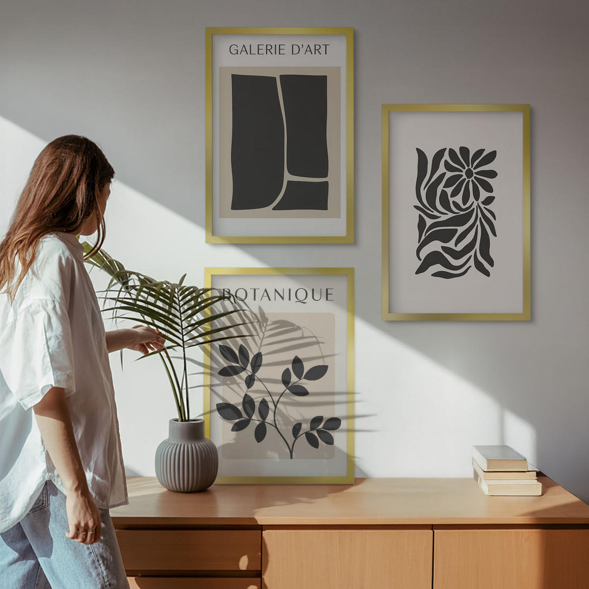 WANDBILDER 3er Set - 40x60 cm Goldrahmen - Abstrakte Pflanzenmuster - Goldfarben, Kunststoff (40/60cm) - ArtPrintCave