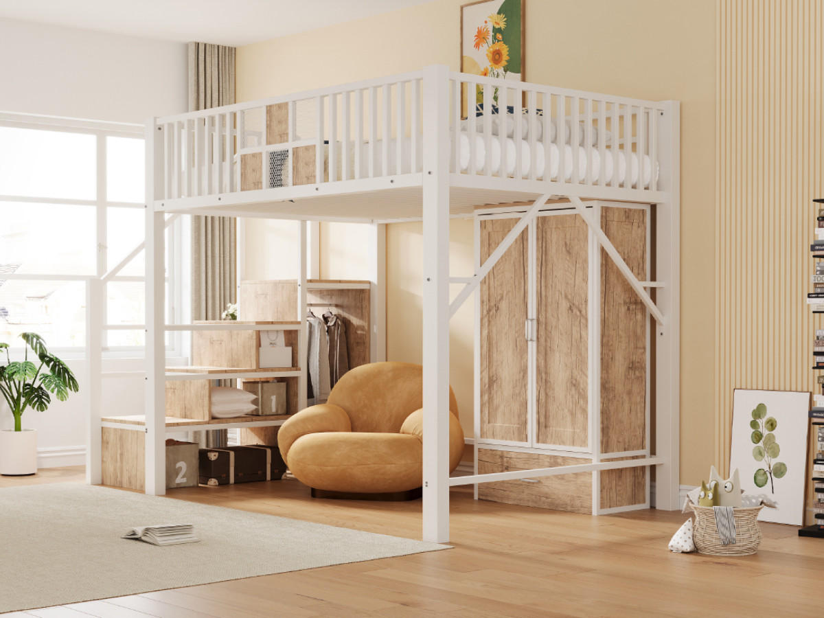 HOCHBETT 140/200 cm in Weiß mit Kleiderschrank, Schublade und Aufbewahrungsleiter aus Metall und Holz - Weiß/Naturfarben, Holzwerkstoff/Metall (140/200cm) - CHICFURN