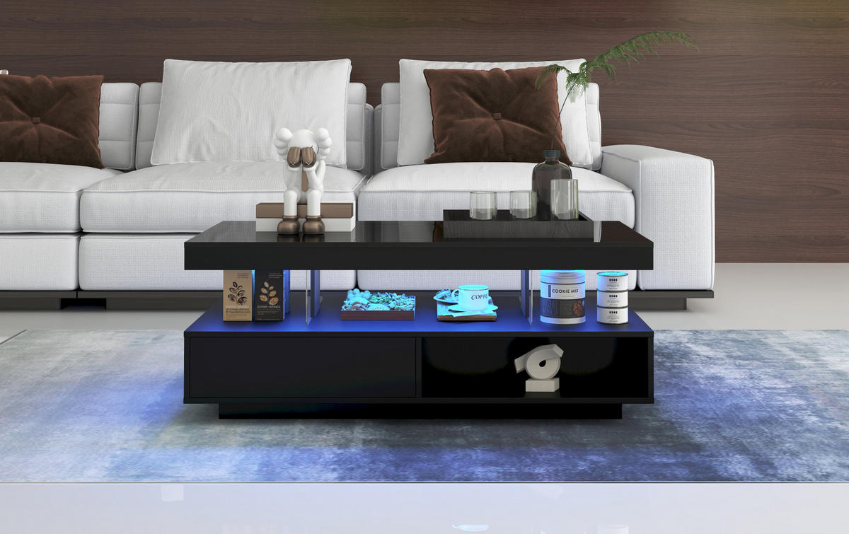 COUCHTISCH Schwarz Hochglanz mit 4 Glaseinsätzen, 2 Schubladen & LED per App, 95/50/42,5 cm,Schwarz - Schwarz, Holzwerkstoff (50/95/42.5cm) - Redom