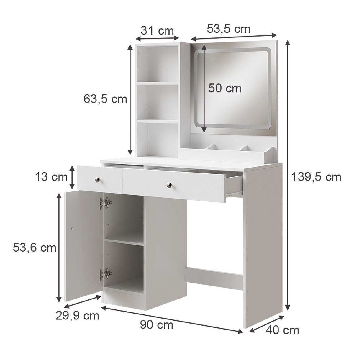 SCHMINKTISCH Silvia Weiß 90 cm mit LED-Spiegel - Weiß, Holzwerkstoff (90/139.5/40cm) - Vicco