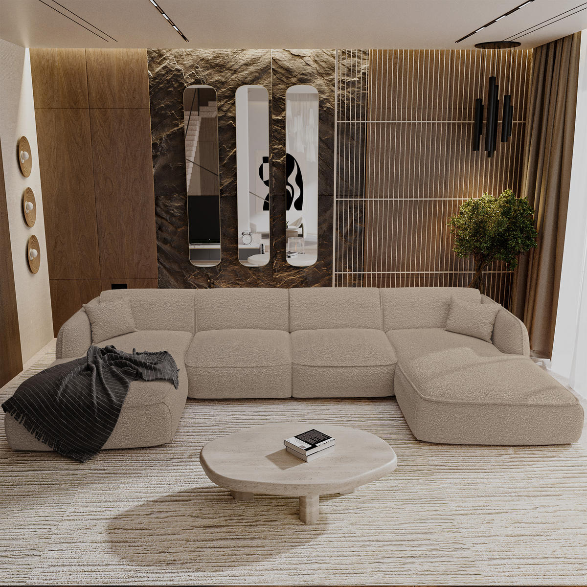 WOHNLANDSCHAFT Bouclé-Stoff Taupe 346cm - Taupe, Textil (346/76/166cm) - Sia Home