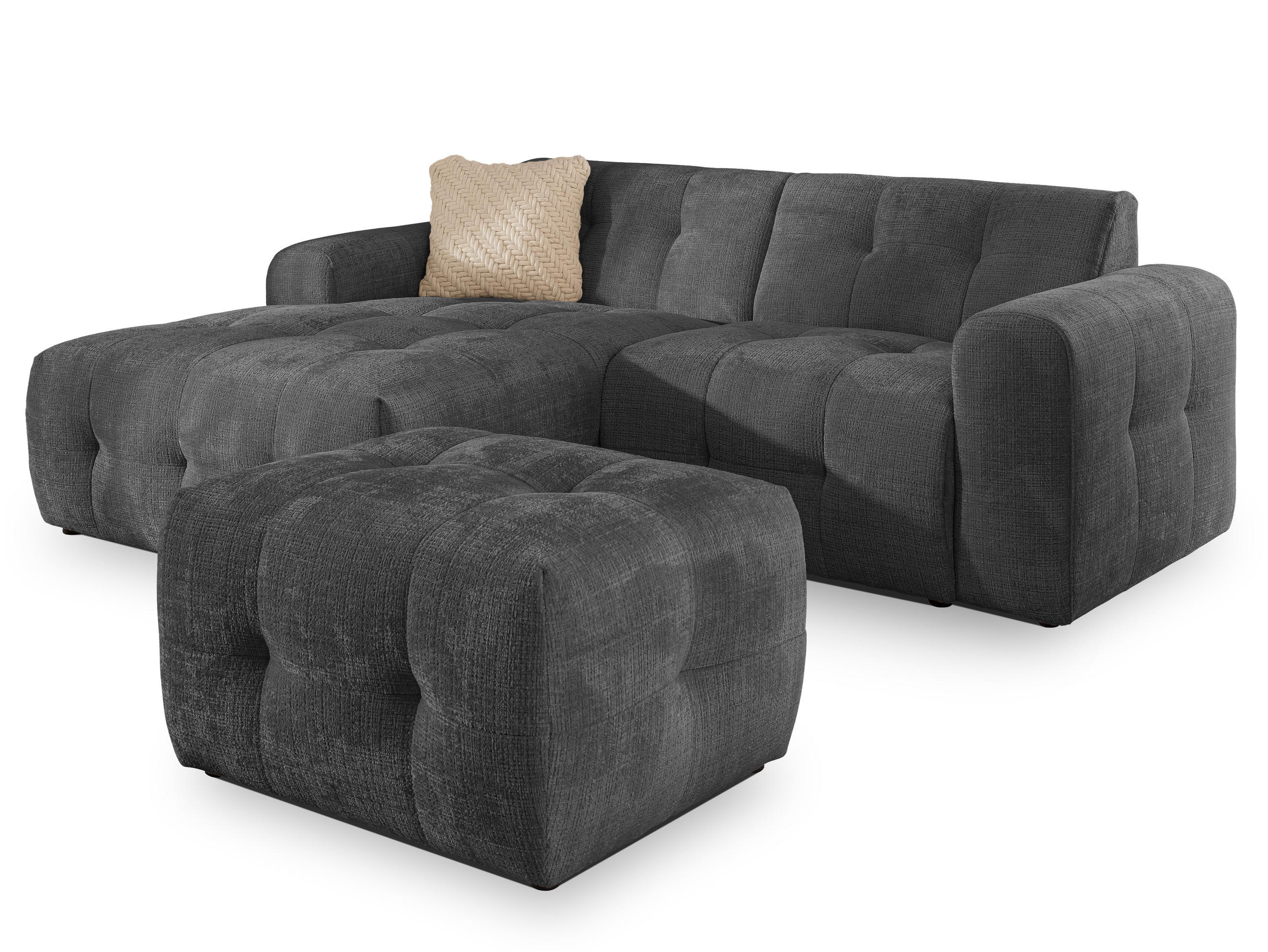 ECKSOFA inkl. Hocker Kozy im Bumpy-Design mit Schlaffunktion und fester Rückenlehne aus weichem Grau Chenille-Stoff - Ottomane links - Schwarz/Grau, Holz/Kunststoff (161/234cm) - S-Style Möbel