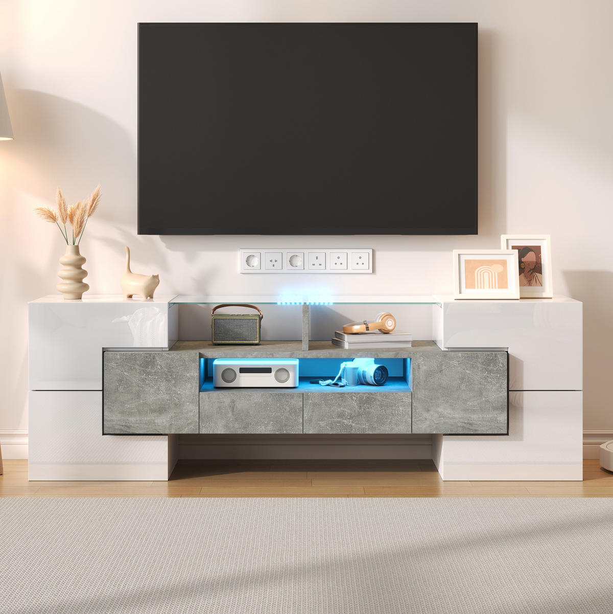 LOWBOARD 145/30/51 cm in Weiß/Beton aus MDF mit LED-Beleuchtung - Weiß, Holzwerkstoff (30/51/145cm) - OKMYHOME