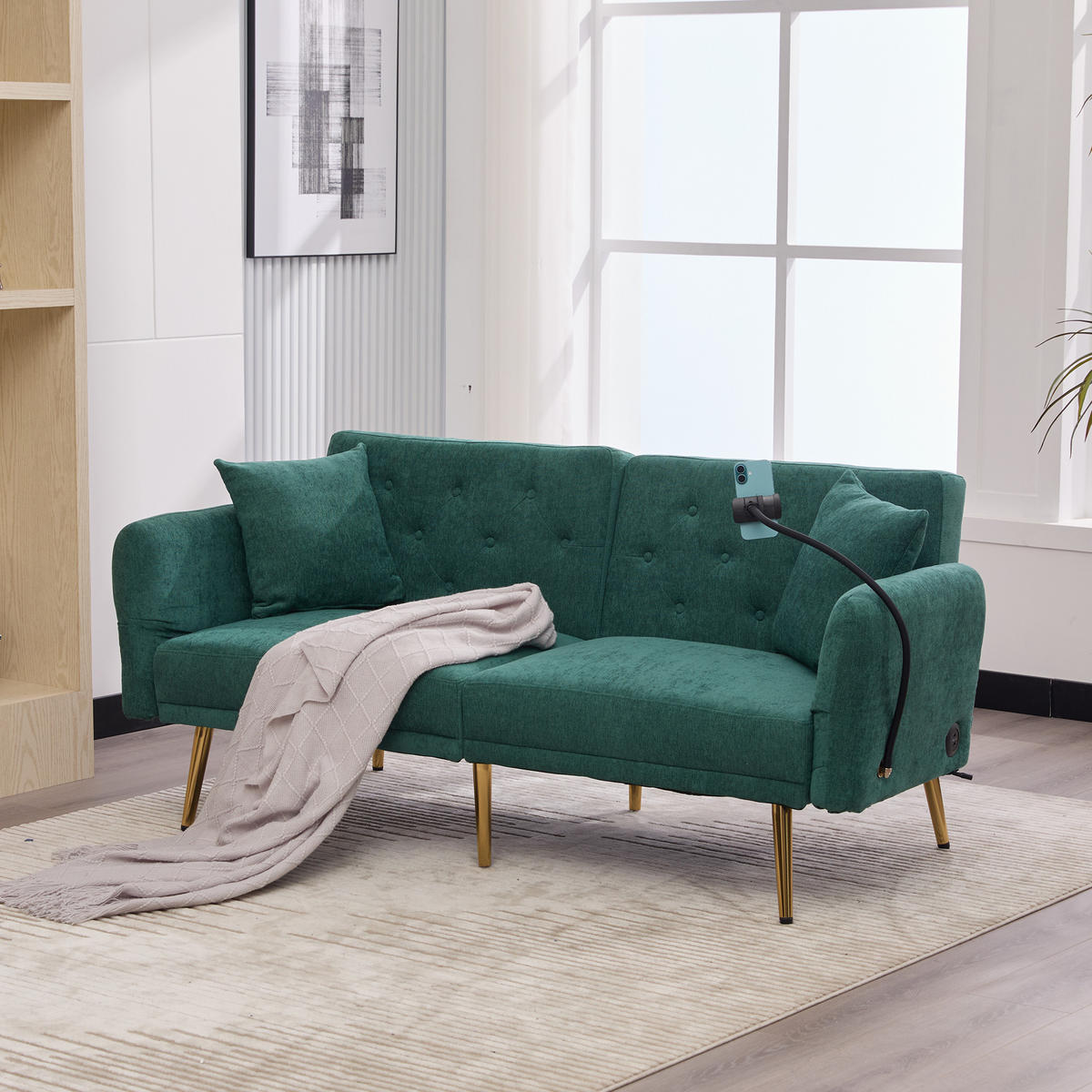 SOFABETT 2-Sitzer mit verstellbarer Rückenlehne & USB-Anschlüssen Chenille Smaragd 173/78/78 cm - Dunkelgrün, Textil (173/78/78cm) - OKWISH