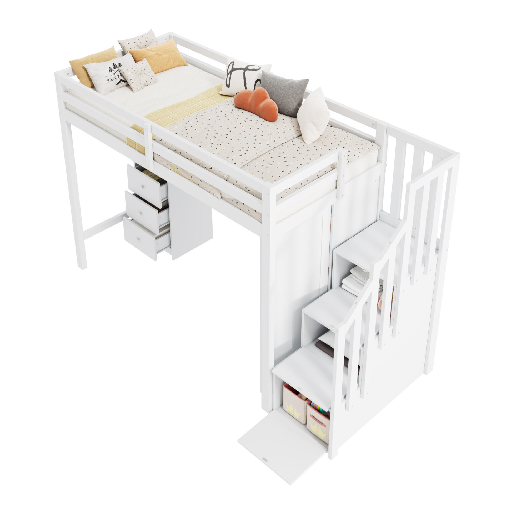 KINDEREINZELBETTEN aus Massivholz 90x200 cm in Weiß mit Schreibtisch & Kleiderschrank - Weiß, Holz (90/200cm) - Modfu