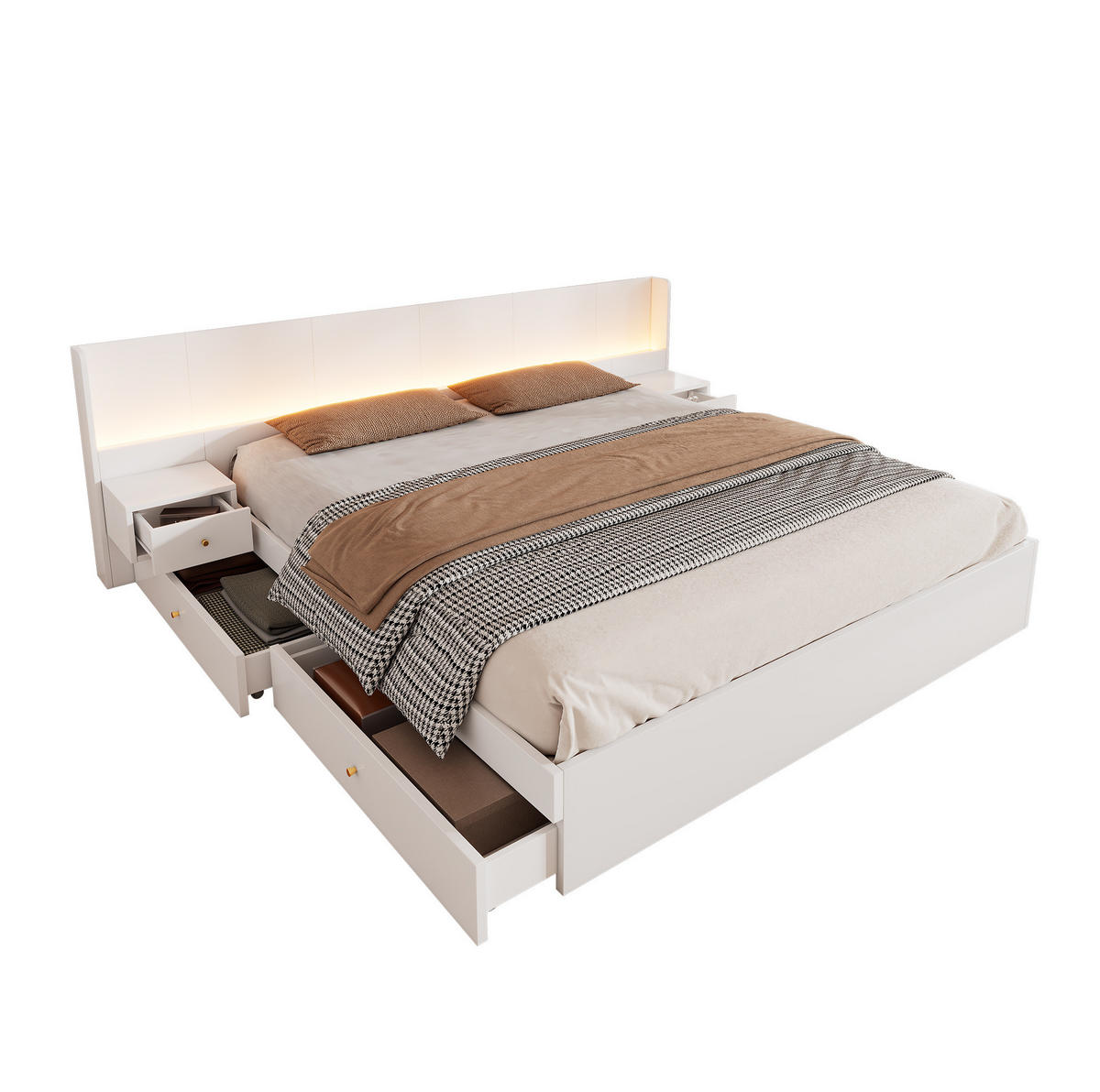DOPPELBETT 180/200 cm Weiß aus MDF mit LED, USB und Stauraum - Weiß, Holzwerkstoff (180/200cm) - OKMYHOME
