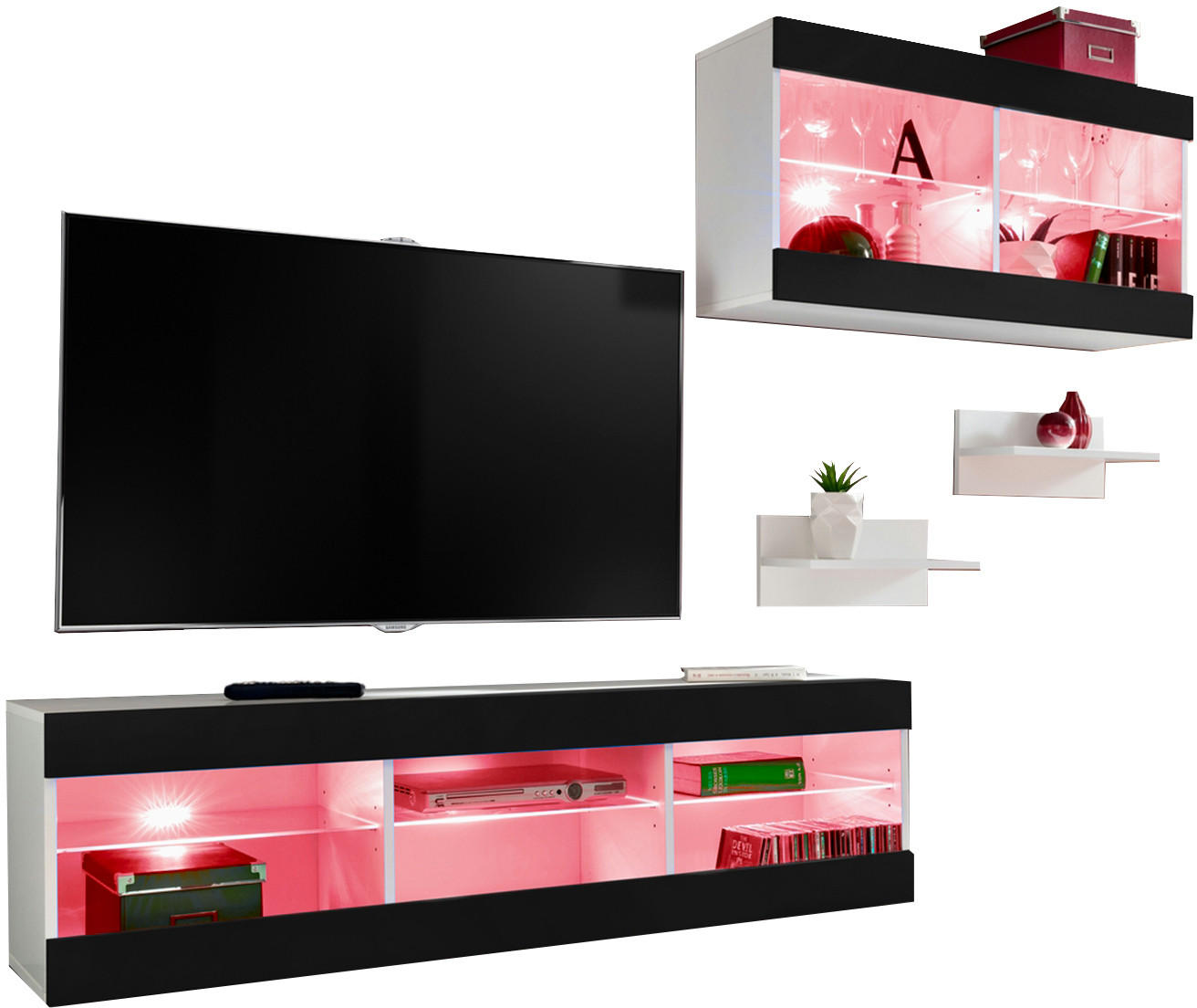 WOHNWAND 4-er Set, TIVOLI SET3 mit mehrfarbige LED RGB Beleuchtung Weiß + Schwarz, Offener Raum - Eiche Wotan/Schwarz, Glas/Holzwerkstoff (240/195/35cm) - Komodee