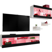 WOHNWAND 4-er Set, TIVOLI SET3 mit mehrfarbige LED RGB Beleuchtung Weiß + Schwarz, Offener Raum - Eiche Wotan/Schwarz, Glas/Holzwerkstoff (240/195/35cm) - Komodee
